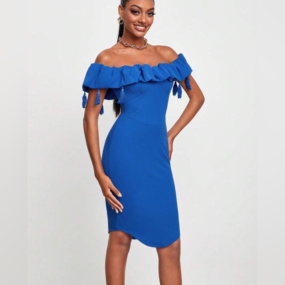 Blue off shoulder dress